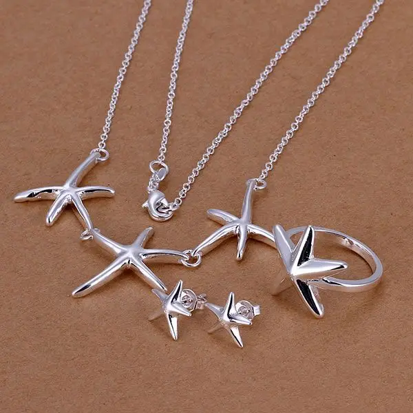 

S174 925 Hot Selling silver jewelry set, fashion jewelry set Starfish Ring Stud Earrings Necklace S174 /almajcta axeajola