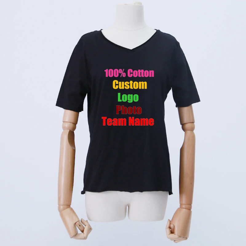 

personalized Cotton Solid Summer Female Women V Neck Tshirt Custom Logo Photo Text Printed DIY team Lady T shirt Oversized Top