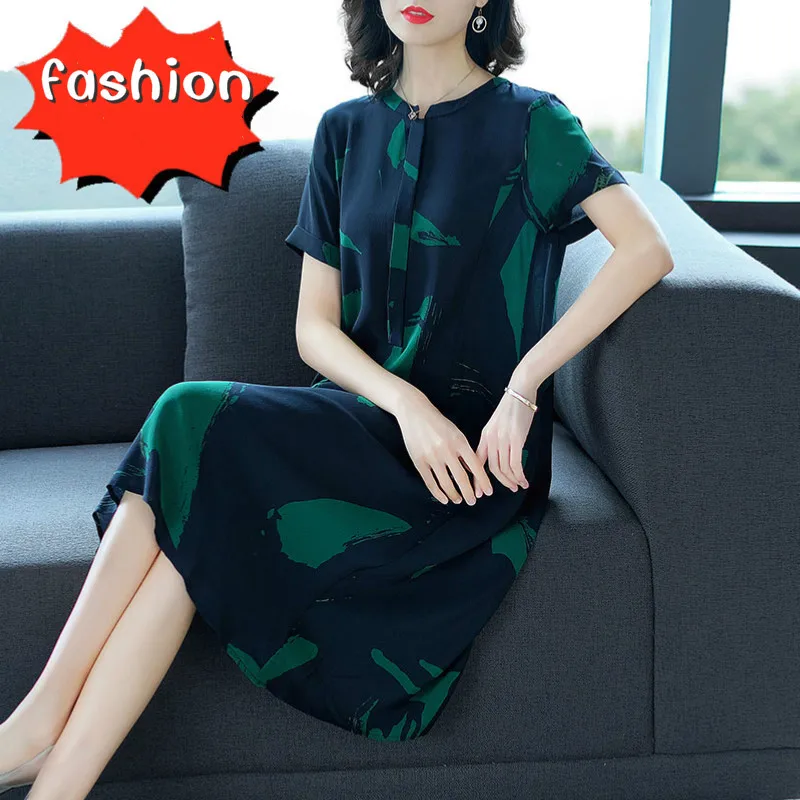 

Fashion V-neck Loose printing silk midi dress silk summer women's spring autumn 2019 new chiffon Korean tide party dress women