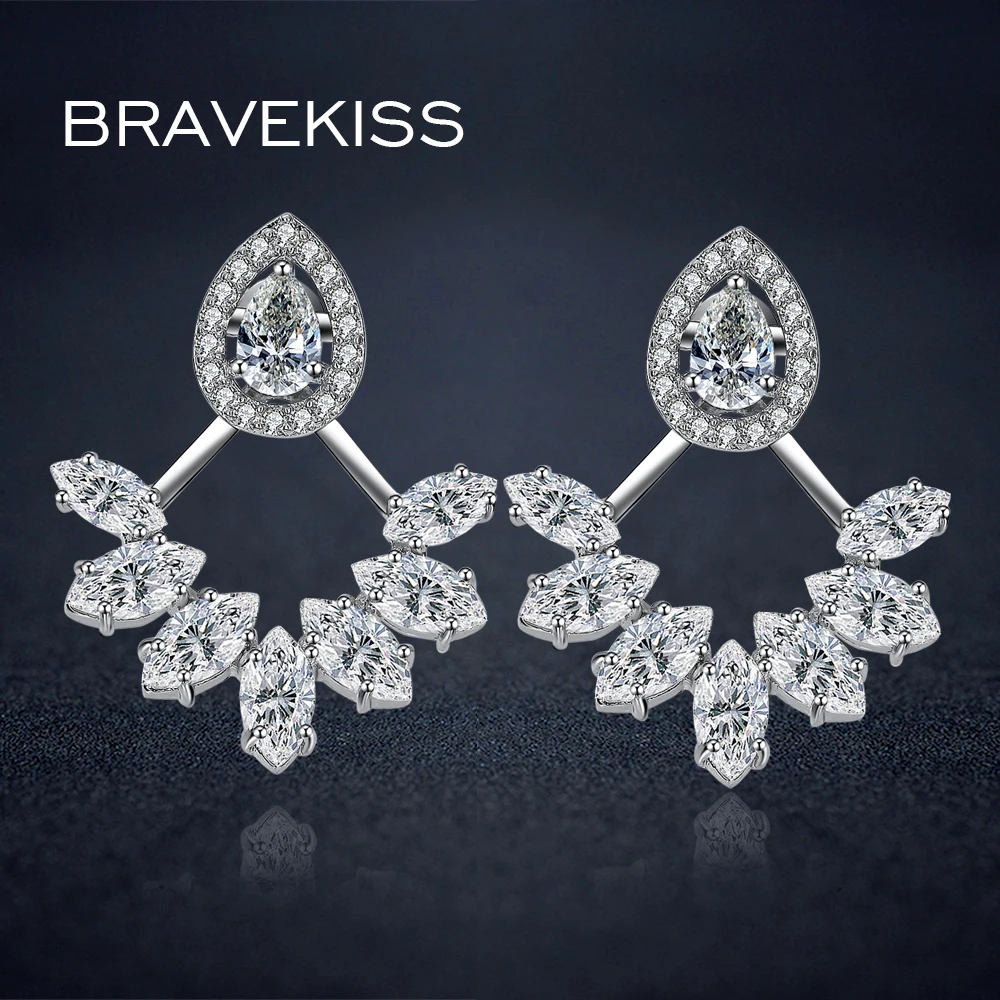 

BRAVEKISS crystal double stud earrings ear jackets leaf flower earrings piercing for women jewelry pendientes aros mujer BUE0248