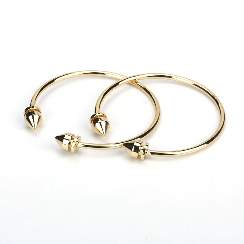 Chic Stylish Pure Gold Color Bullet Point End Bead Charms Adjustable Bracelet Open Bangle Cuff For