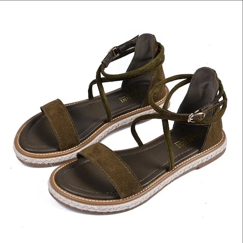 

Korean genuine leather girl Roman sandals students summer 2018 new cross straps retro 1 word button large size 33-42 flat shoes
