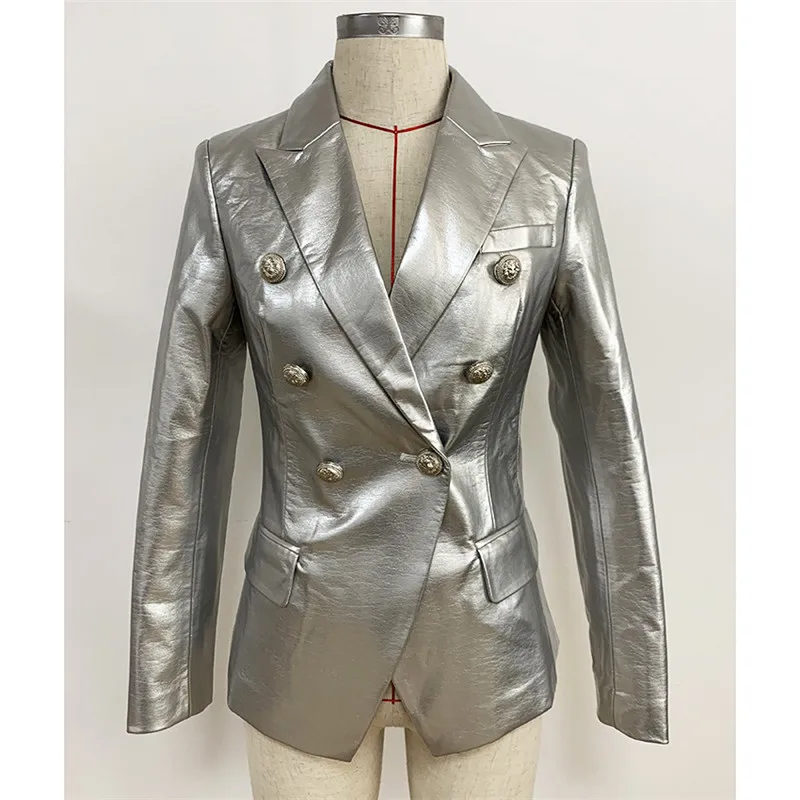 

CBAFU Newest Fall Winter 2019 Designer Jacket Coat Women's Lion Metal Buttons Double Breasted Faux Leather Overcoat X416