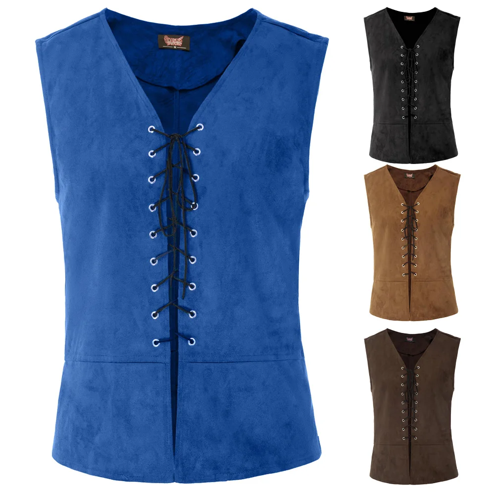 

new Men casual vest Stylish Sleeveless V-Neck Lace-up Front Renaissance Costume Vest Tops summer Suit Gilet Slim Business top