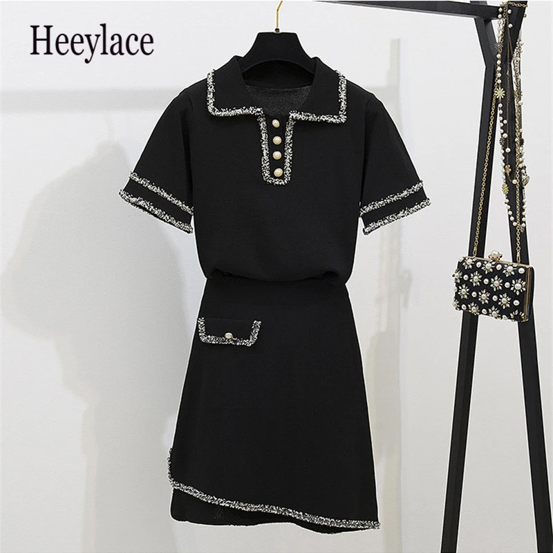 

Women Striped Knitted Tops Skirts Suits Short Sleeve Turn-down Collar Buttons Fashion Clothing Sets for Woman