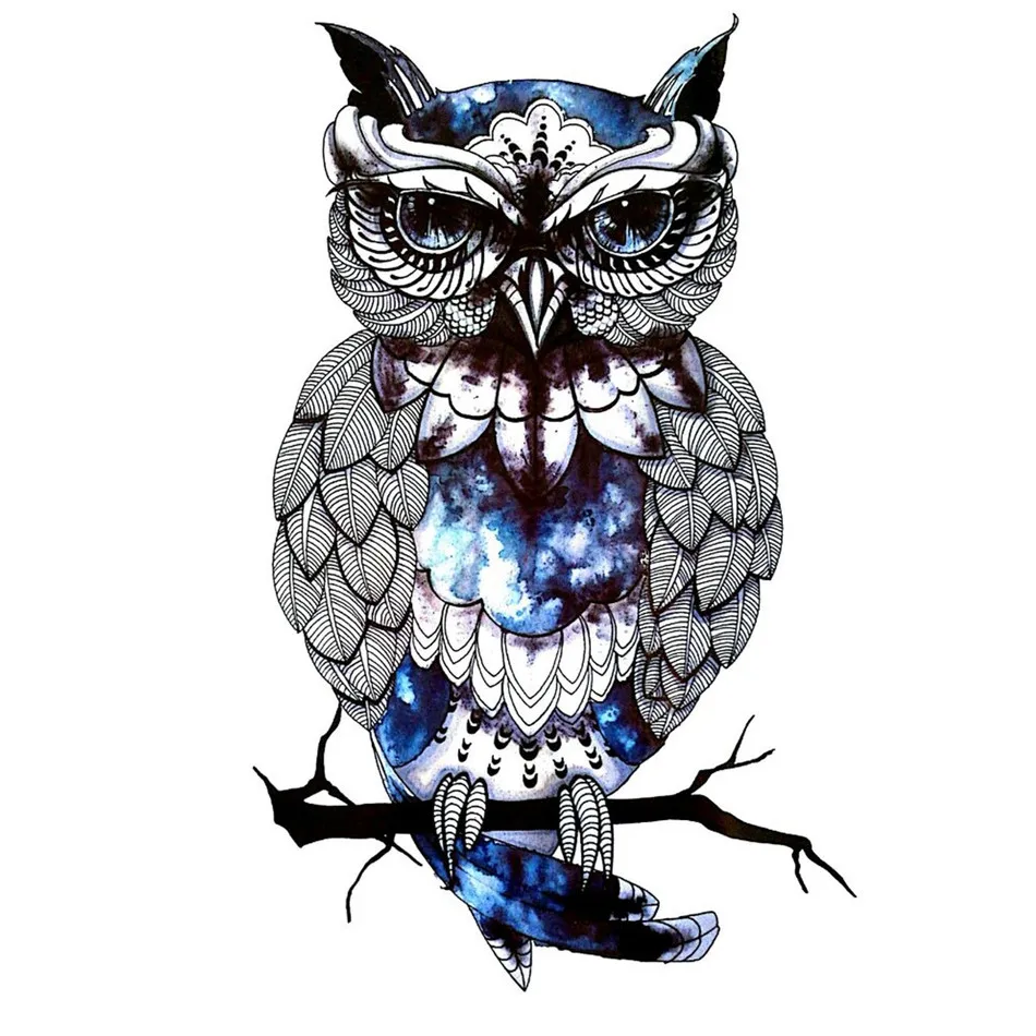 Blue Feather Owl Tattoo Stickers Waterproof Henna Body Art Make Up