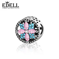 EDELL 100% Серебро 925 пробы оригинальный розовый леди синий кристалл розовый натуральный камень Шарм бисером для женщин модные украшения