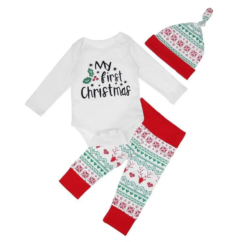 

3pcs/Set Long Sleeves Newborn Baby Letter Print Romper Snowflake Pants Hat