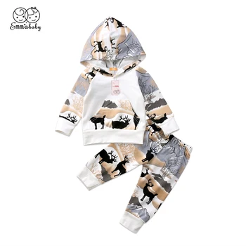 

2018 new casual kid set Newborn Baby Boys Girls Deer print pocket Hooded Tops long sleeve Sweatshirt Long Pants Outfit Clothes