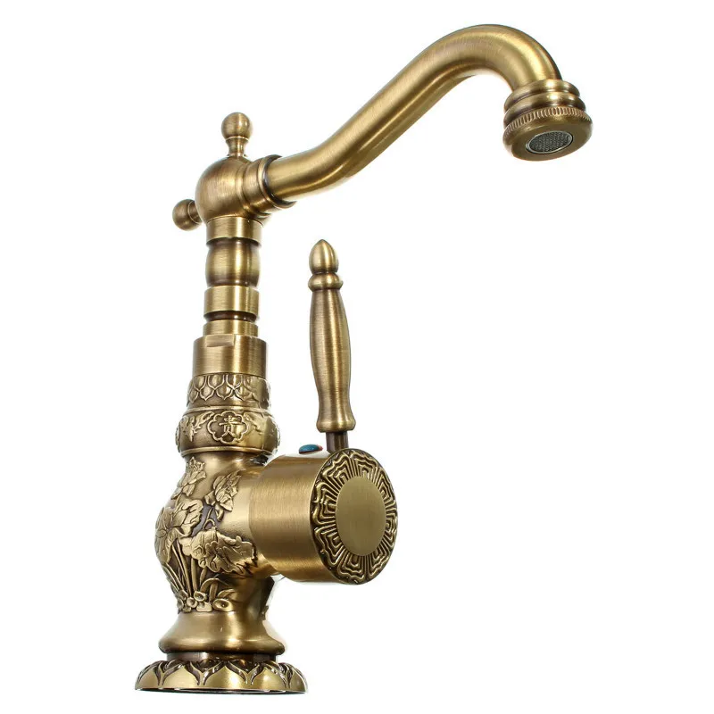 Tall Bend Antique Basin Faucet Deck Mounted Single Handle Bathroom Sink Mixer Faucet Antique Brass Hot And Cold Water Kiama 98