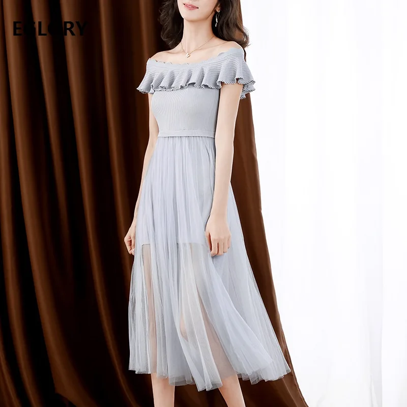 

One Piece Dress 2019 Summer Sexy Club Dress High Quality Ladies Knitted Tulle Mesh Patchwork White Grey Black Long Sweater Dress