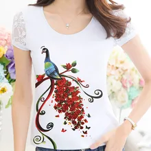 Женские футболки, стразы, новинка, цветы павлина, женские кружевные летние топы с птицами, женская футболка с бриллиантами, Camisetas Mujer XXXL