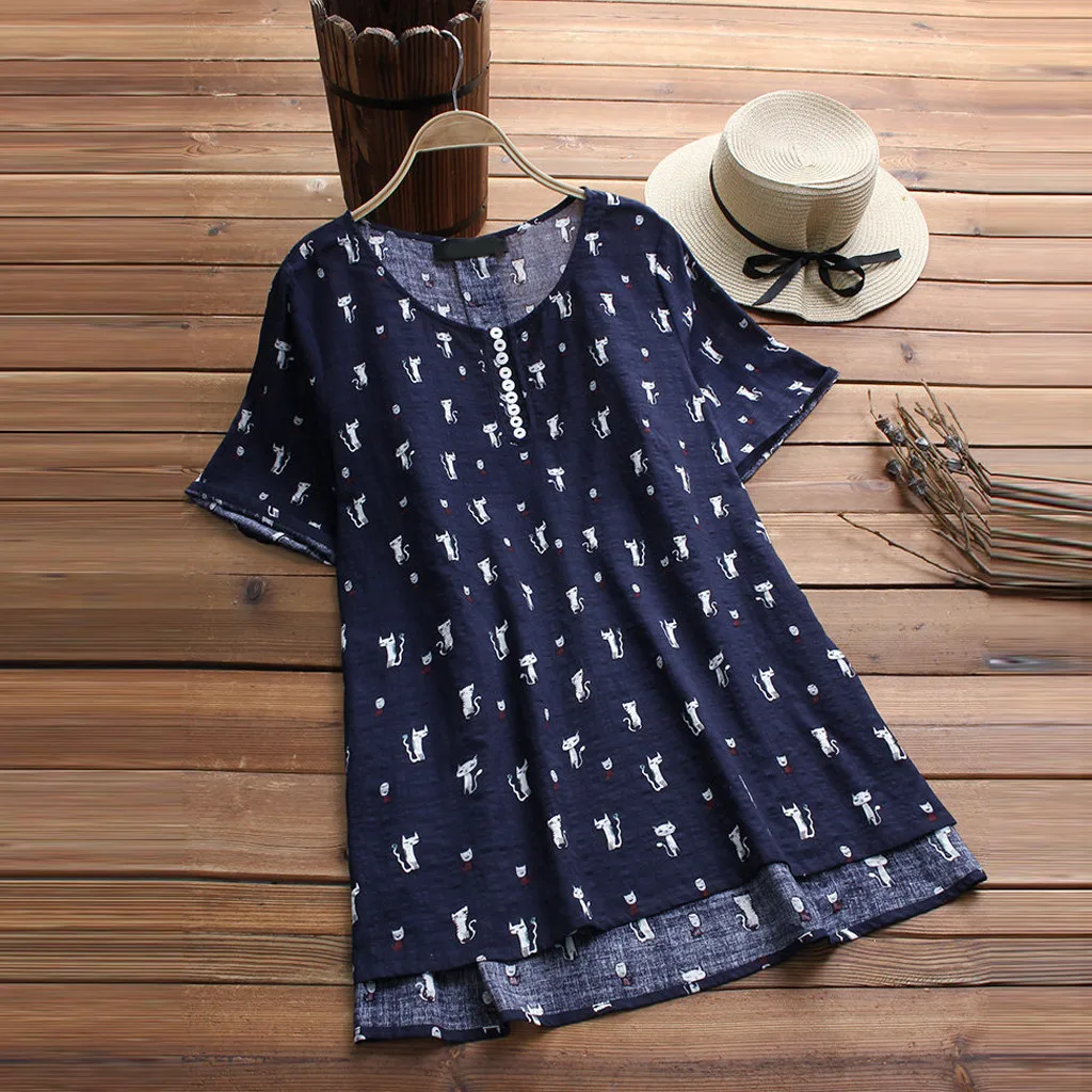 

Plus Size 5xl 2019 Women Tops Womens Tops And Blouses White Button Women Clothing O Neck Print Vintage Casual Womens Shirts