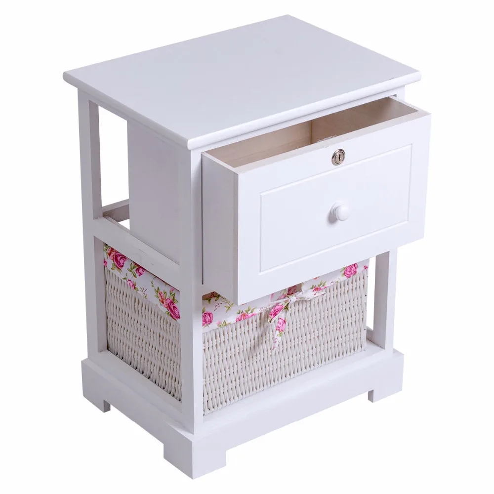 Giantex الخشب حامل 2 تيير 1 درج السرير نهاية الجدول غرفة نوم الأثاث المنظم سلة التخزين نايتستاندس w/مفتاح HW56352