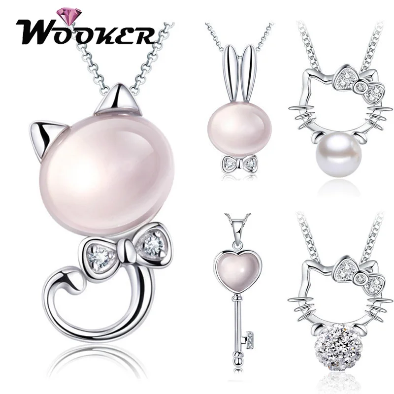 WOOKER Cute Hello Kitty Ожерелье С Имитацией Перл Циркон Серебряный Ключ Опал Ожерелья Для