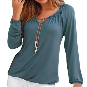 

Summer Women Boho V Neck Solid Lace-up Tops Bowknot Long Sleeve Shirt Casual Loose Comfort Shirt Ropa Femininas