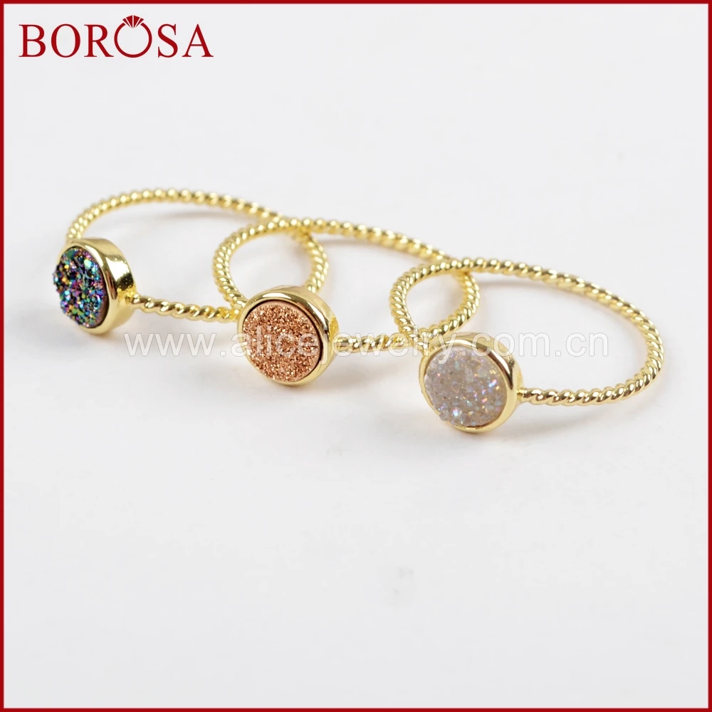 

BOROSA 10PCS Gold Color 6mm Mixed Colors Drusy Round Natural Agates Titanium Rainbow Druzy Bezel Ring Jewelry for Women ZG0285