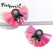 Flatfoosie, модные серьги-гвоздики с кристаллами рафия,, богемные, ручная работа, с кисточками, многоуровневые, массивные серьги для женщин, этнические ювелирные изделия