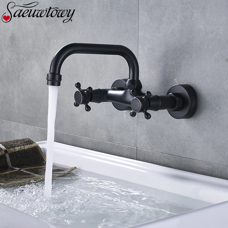 

Oil Rubbed Bronze Bathroom Basin Faucet Wall Mounted 360 Degree Rotation Sink Tap Hot and Cold Water Mixer Faucet