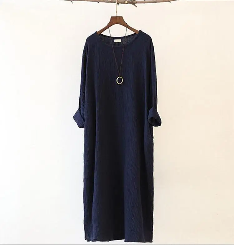 Осень женское платье большого размера S-4XL 5XL 6XL Ретро льняное платье с длинным рукавом весеннее свободное Повседневное платье длинное хлопковое льняное платье - Цвет: Синий