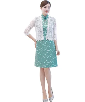 

Shanghai Story Two pieces of Dress Green Qipao Chinese Dress dot print Cheongsam Chinese Traditional Clothing For Women