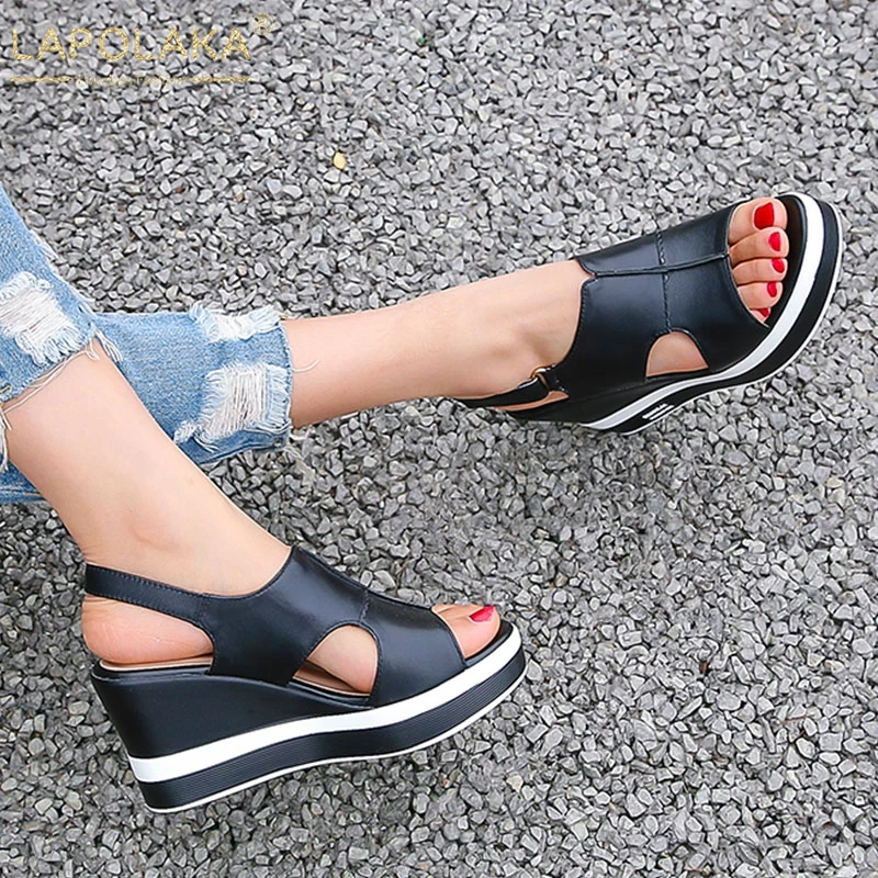 

Lapolaka Fashion Fashion Women Shoes Genuine Leather Wedges Shoes High Heels Hook & Loop Casual Summer Sandals Shoes Woman