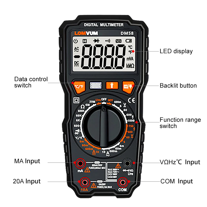 LOMVUM DM68 Ture RMS цифровой мультиметр AC/DC Емкость тестер температуры ЖК-дисплей 6000 отсчетов ручной Диапазон мультиметр живой провод