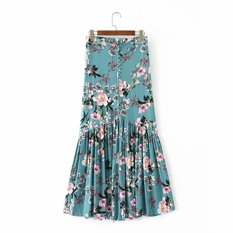 

Women Floral Print Ruffle Maxi Skirts Retro High Waist Split Beach Party Skirt Ruffles Bohemian A-Line Skirt