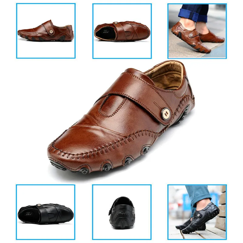 Nouvelle Chaussure Noir Pour Mode Plates Véritable Casual Chaussures Belle Été Cuir Printemps Hommes En Noir Homme marron De f6gbYyv7
