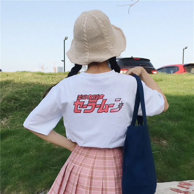 Kawaii T Shirt Summer Women Tops 2018 Harajuku Sweet Print Sailor Moon Loose Short Sleeve Plus Size Tee Shirt Femme +-