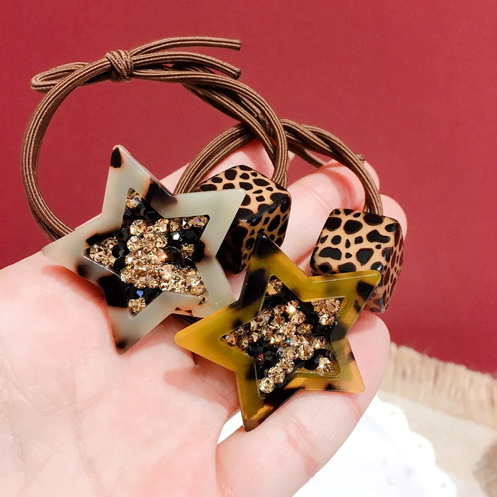 

Korea Leopard-print Star Pearl Rhinestone Double Knotted Elastic Hair Bands Hair Accessories Rubber Band Hair Ring Hair Ties