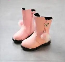 Детская Зимняя сапоги ботинки для девочек мода лук сладкий с кожаные ботильоны Длина и резиновые зимние Короткие штаны с для девочек