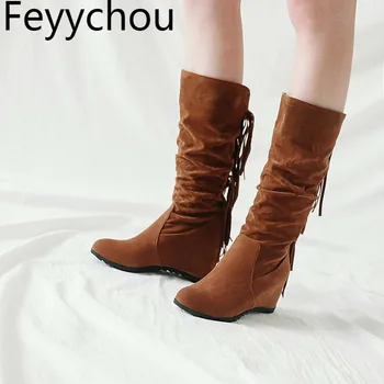 

Women Boots Autumn Winter High Heel Warm Flock Tassel Slip on Wedges Height Increasing Mid-calf Snow Shoes 2018 Sexy Fashion Red