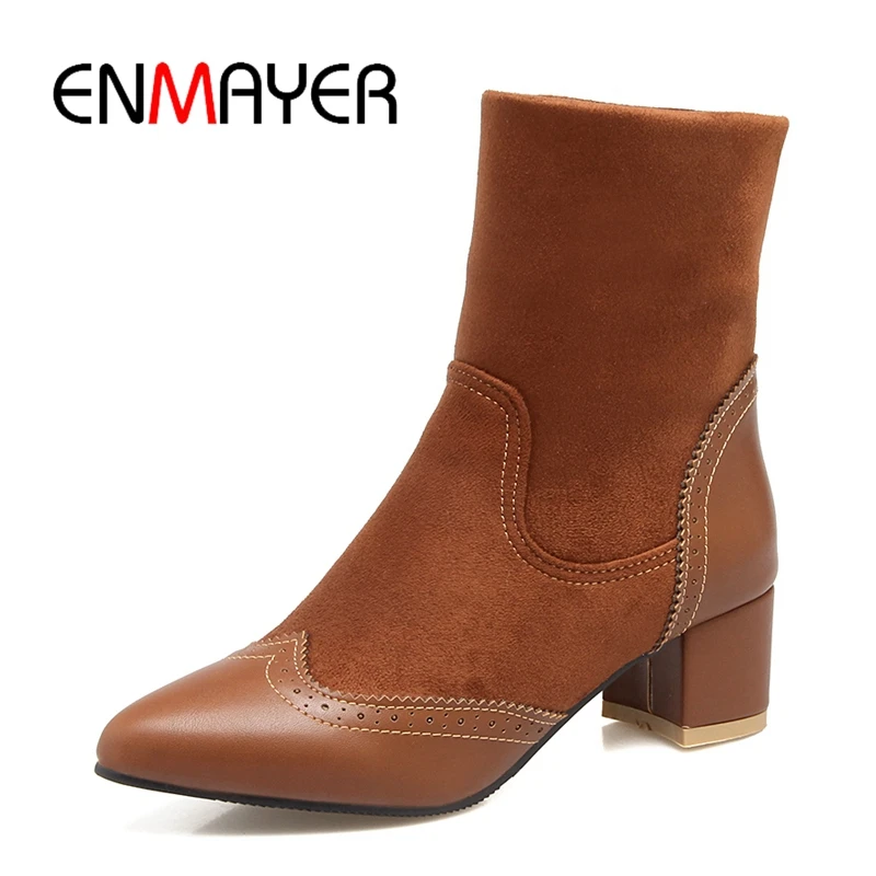 

ENMAYER New Arrival Brown pointed toe Square heel Mid-calf shoes Winter women plush Sewing high heel boots Size34-43 ZYL117