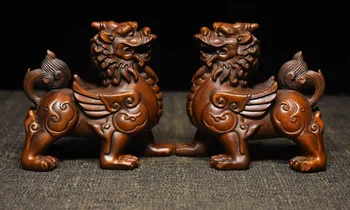 

Christmas Folk Collect Boxwood wood exquisite carve duad mythical wild animal beast Statue new Year