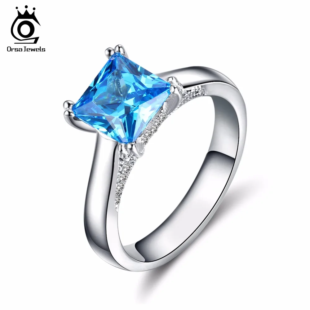 ORSA JEWELS Cute Silver Color Rings with 1.2ct Blue Austrian Cubic Zirconia for Best One 2019 Fashion Women Jewelry Ring OR138