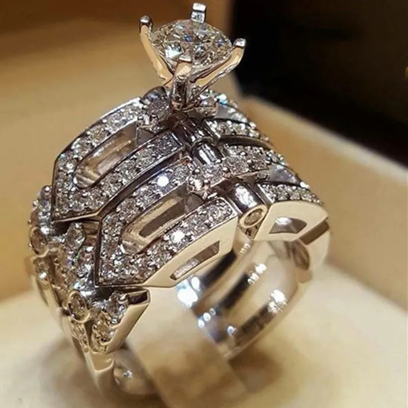 Модное Элегантное для свадьбы помолвки кольца набор 2 шт серебряные юбилейные аксессуары с блестящим циркониевым камнем