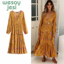 2019 Summer dress chic Floral Print Midi Dress Women V-Neck Long Sleeve Autumn Dresses Button Elastic Waist Casual Beach Dress 2019 Summer dress chic Floral Print Midi Dress Women V-Neck Long Sleeve Autumn Dresses Button Elastic Waist Casual Beach Dress