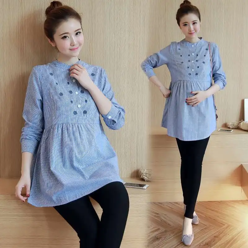 

Maternity wear long section 2018 new spring and autumn pregnancy long-sleeved striped t-shirt