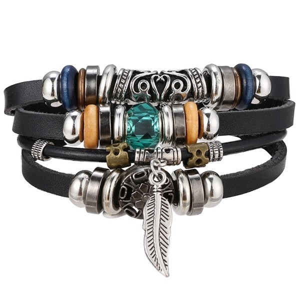 Leaf Feather Multilayer Leather Bracelet Men Fashion Braided Handmade Star Rope Wrap Bracelets & Bangles Male Gifts Jewe