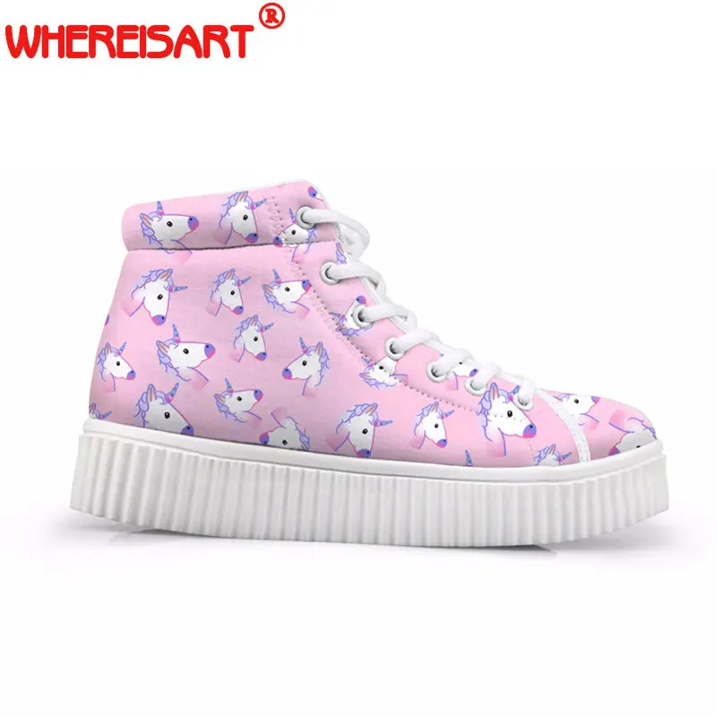 

WHEREISART Fashion Horse Women Cute Casual Shoes Brand Design High Top Platform Female Shoes Flats Lace-up Pink Unicorn Boots