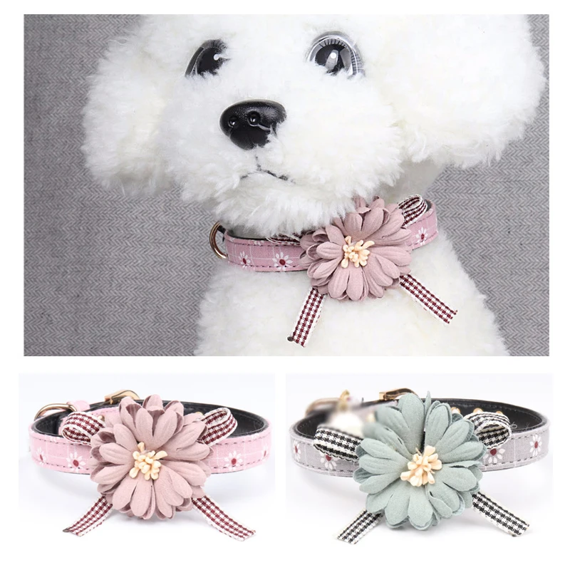 Тканевый цветочный кожаный ошейник для собак, галстук-бабочка для кота, милый шейный ремень, голубой, розовый бант, милый для маленьких, средних, чихуахуа, Тедди