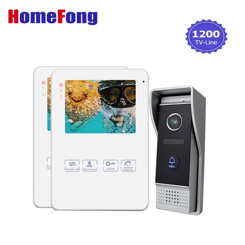 Homefong Video Door Phone 2 Monitors Wired White Intercom 1200TVL Intercoms for a Private House Recording Picture Video Unlock