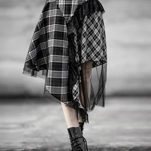 PUNK RAVE Women's GothIC Irregular Plaid Skirts with Mesh Steampunk Retro Party Skirt Gothic Daily Girls Casual Skirts