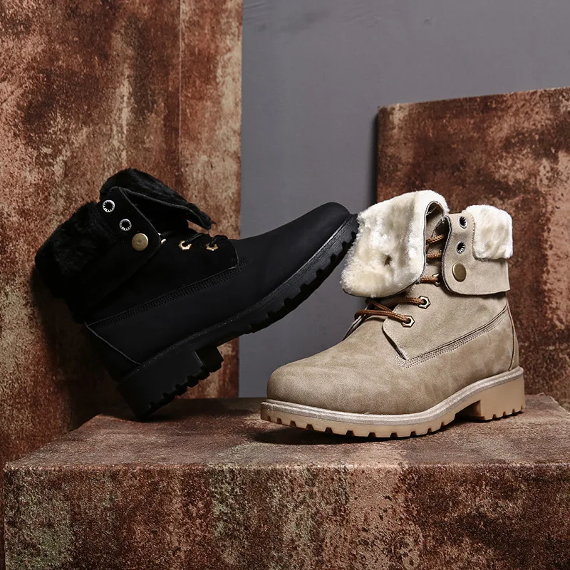 

botines mujer 2019 Shoes Women Martin Boots with Fur Winter Pu Leather Fashion Brand chaussures femme Warm Ladies footware Khaki