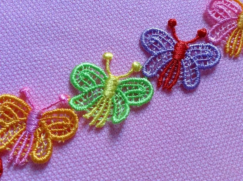 

Top quality 25mm wide dyed yarn colorful butterfly motif embroidery lace trim,XERY-KTN11002