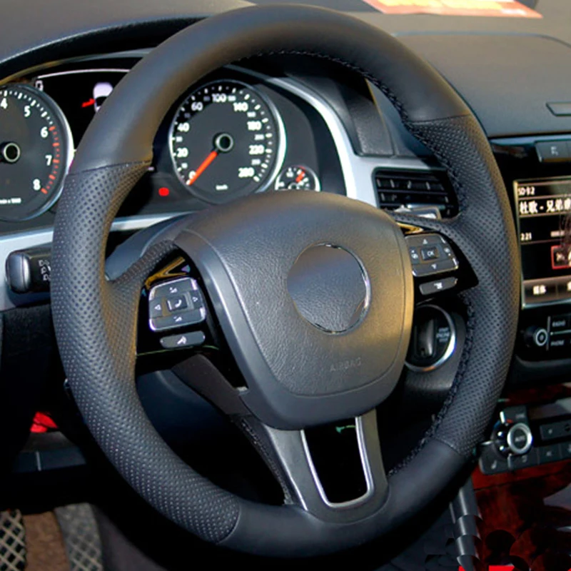 

Free Shipping High Quality Cowhide Top Layer Leather handmade Sewing Steering wheel covers protect For Volkswagen VW Touareg