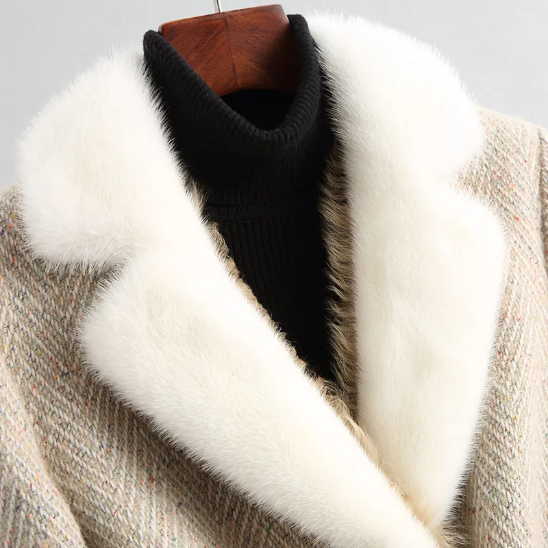 AYUNSUE, твидовые шерстяные пальто, натуральный мех, пальто для женщин, норковый меховой воротник,, Длинная зимняя куртка для женщин, натуральный мех ягненка, подкладка 18631, YQ2057