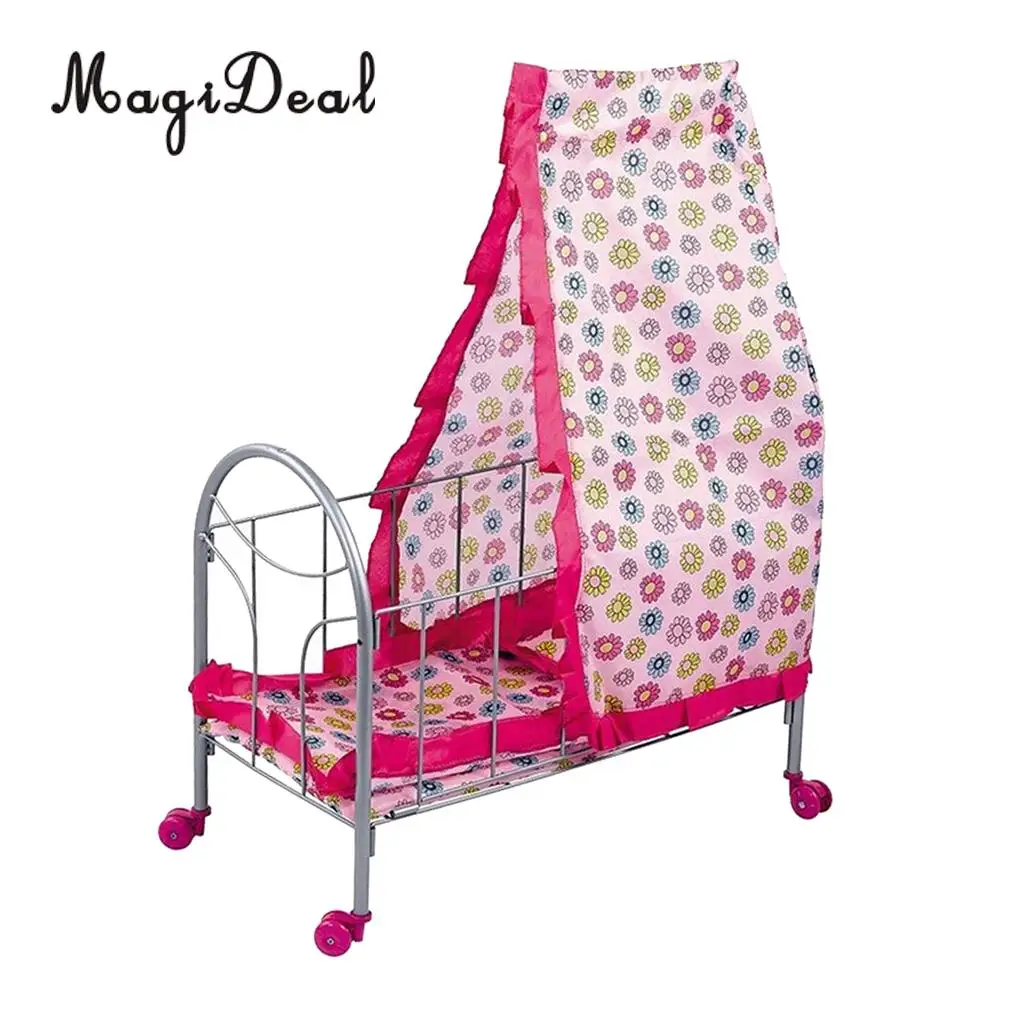 Simulation Baby Toddler Crib Bed with Tents Wheels ABS Plastic Furniture for 9-20inch Reborn Doll Supplies