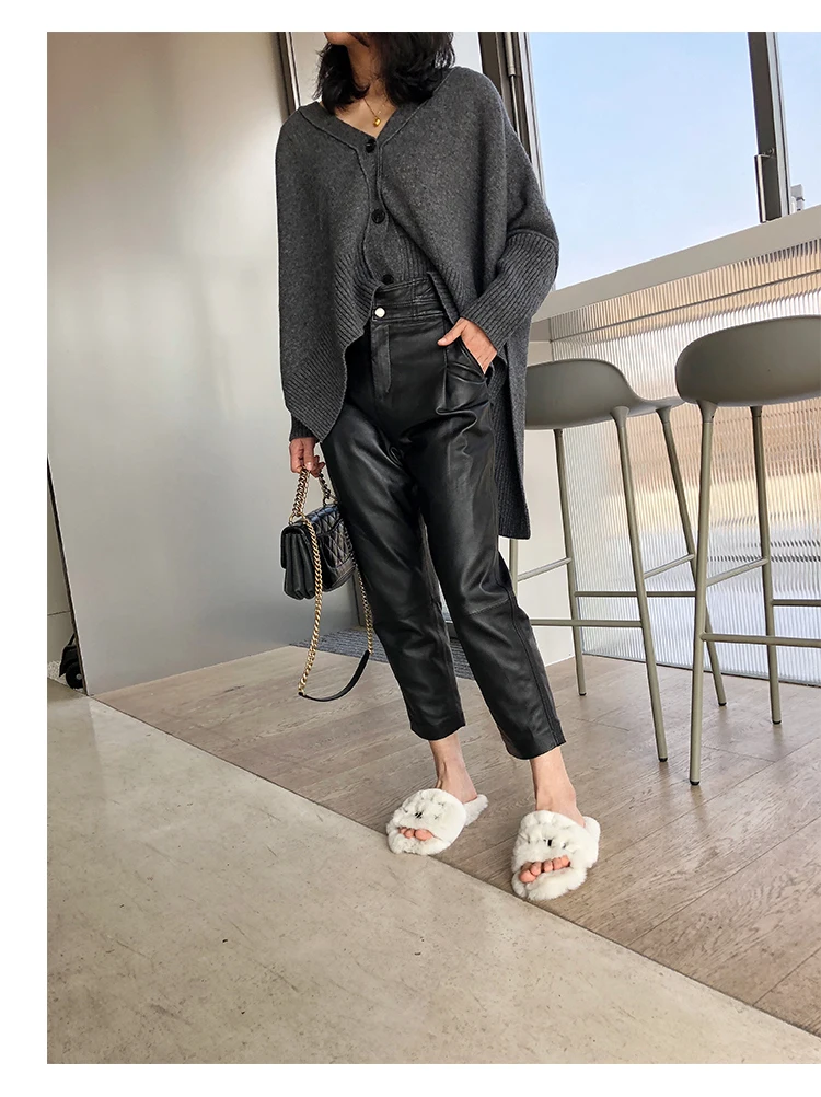 Women Ankle-Length Pants Genuine Sheep Leather Fashion Natural Genuine Sheep Leather Crop Jeans Harem Pants